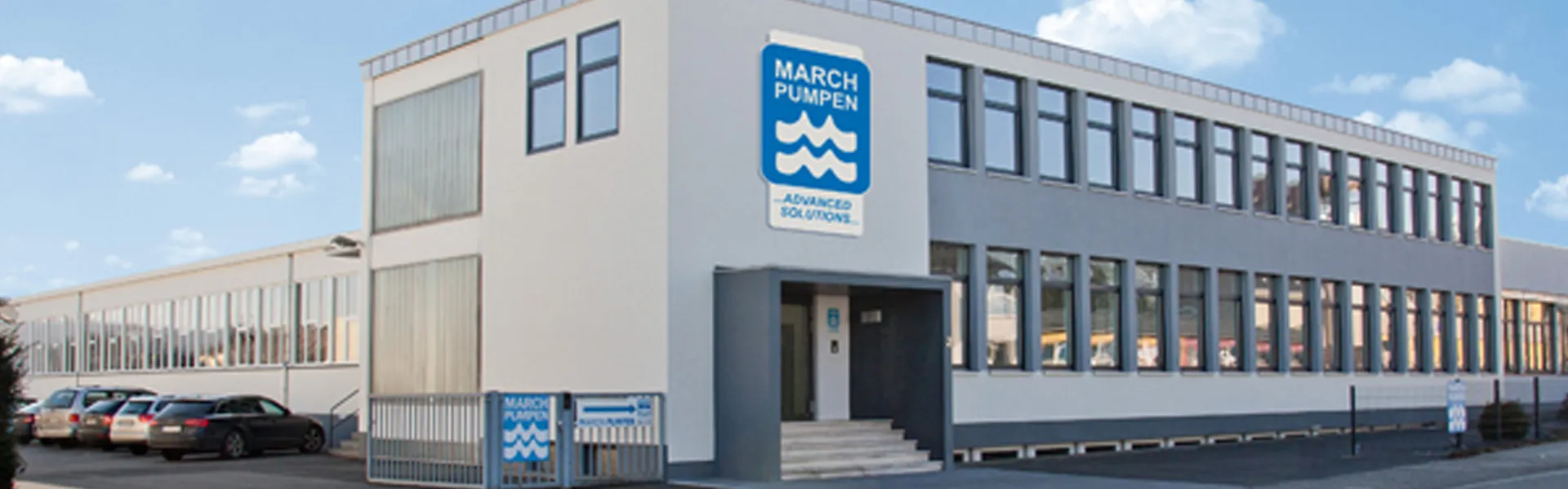 Company building of MARCH PUMPEN GmbH & Co. KG in Giessen with blue company sign