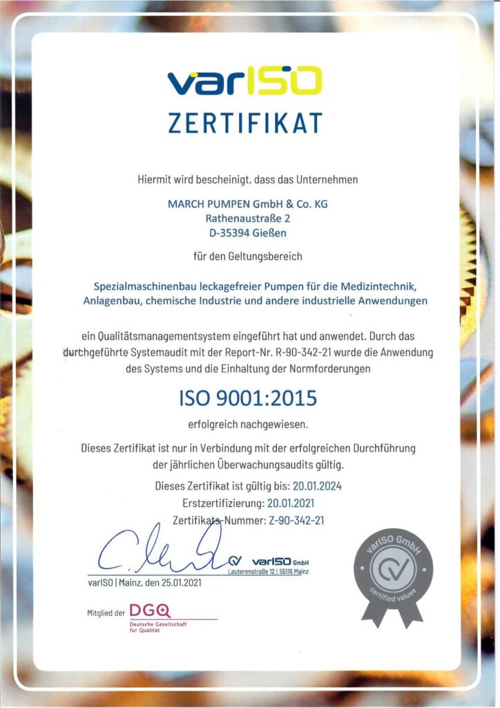 Zertifikat der varISO Zertifizierung für MARCH PUMPEN nach ISO 9001:2015