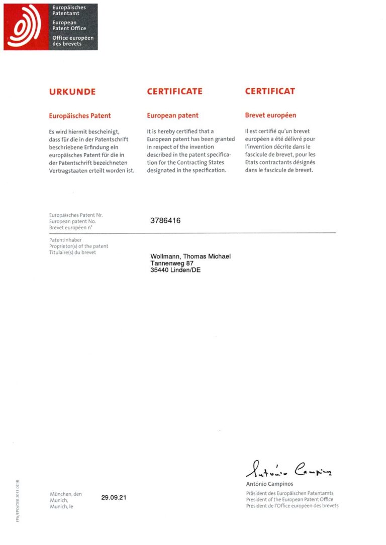 Urkunde zum europäischen Patent Nr. 3786416